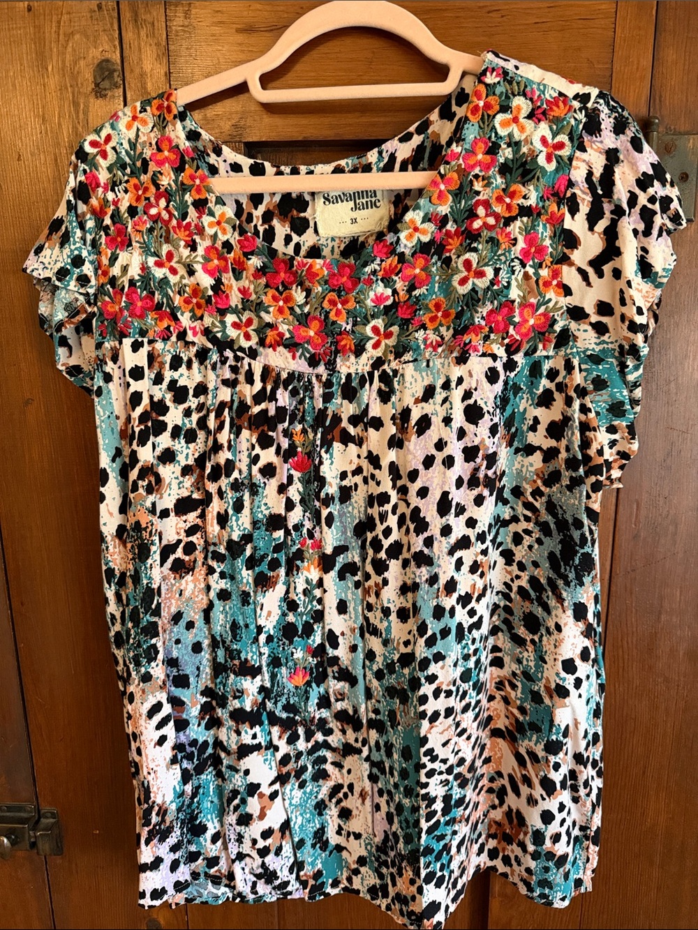 Savanna Jane Turquoise, Black & White Floral Embroidered Animal Print Tunic